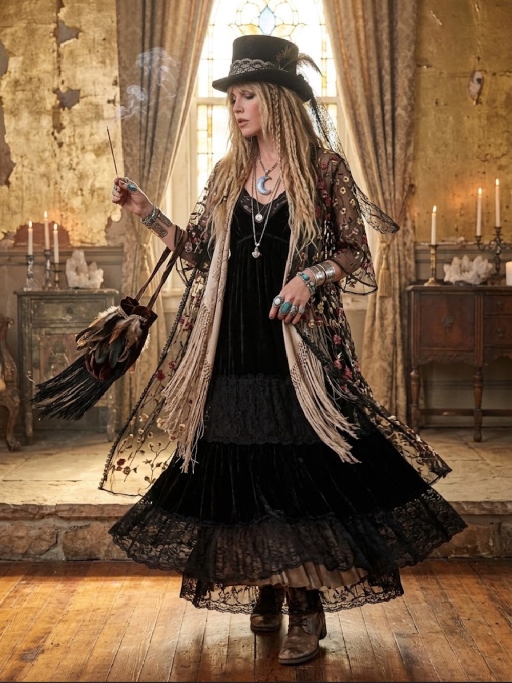 Vivid Black Embroidered Crochet Foral Kimono